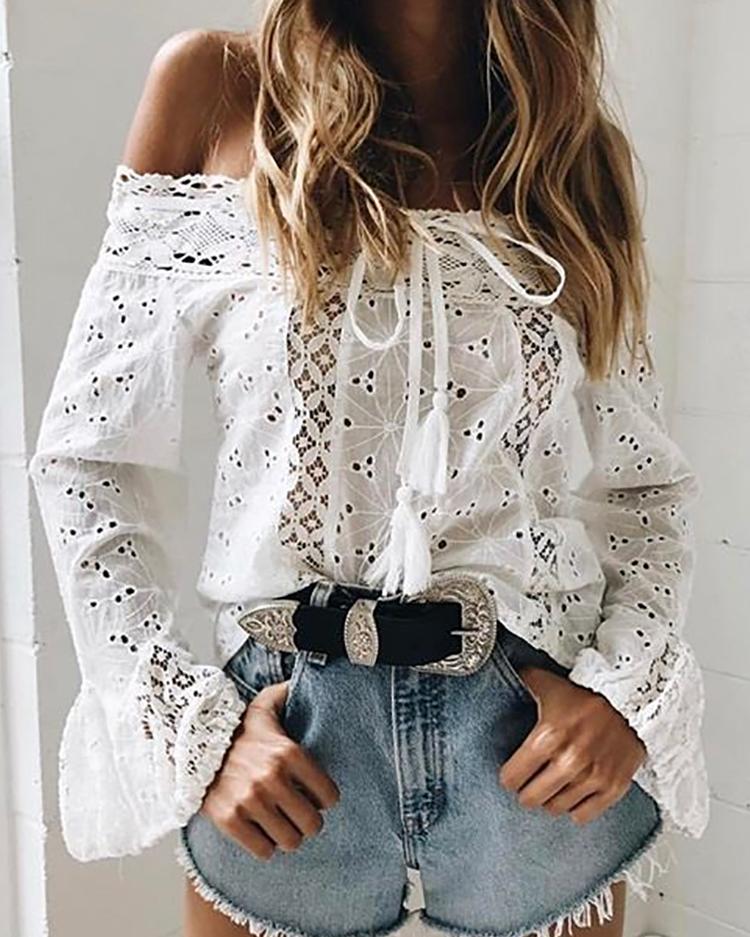 

Stylish Lace Off Shoulder Casual Blouse, White