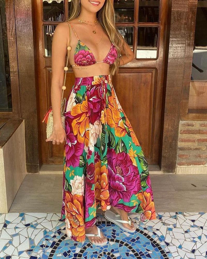 

Floral Print Crop Top & Skirt Set, Multicolor