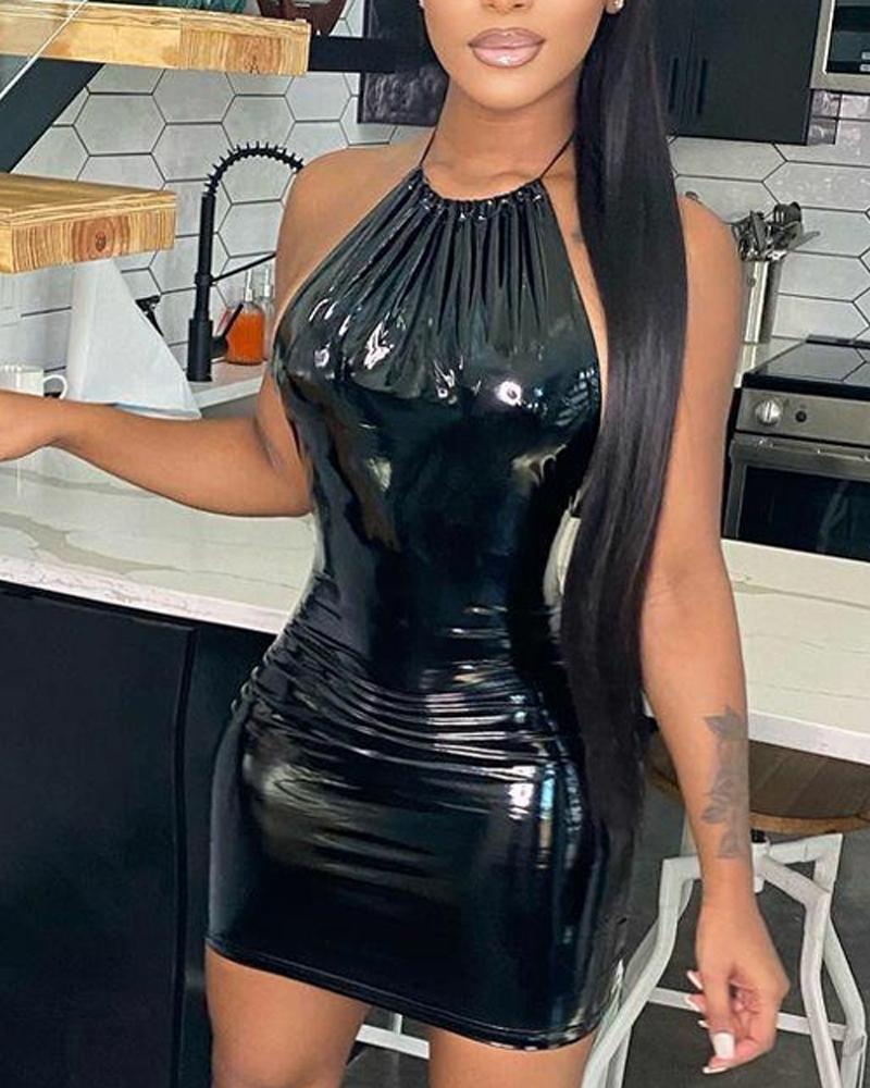 

Halter Backless PU Leather Bodycon Dress, Black