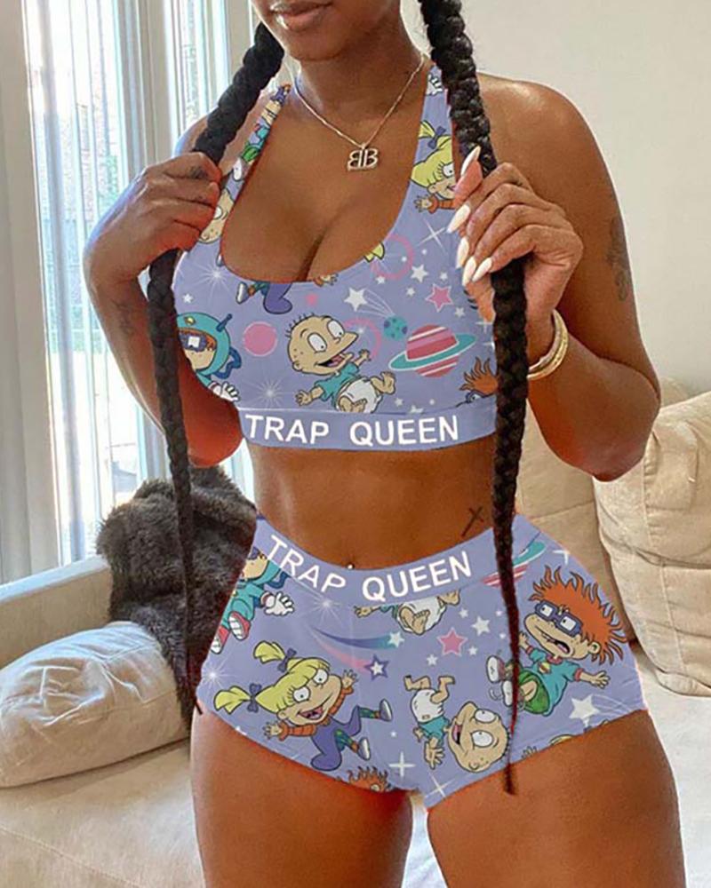 

Tie Dye/Cartoon Print Plus Size Top & Short Sets, Purple