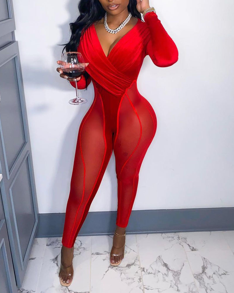 

Velvet Sheer Mesh Patch Skinny Jumpsuit, Red