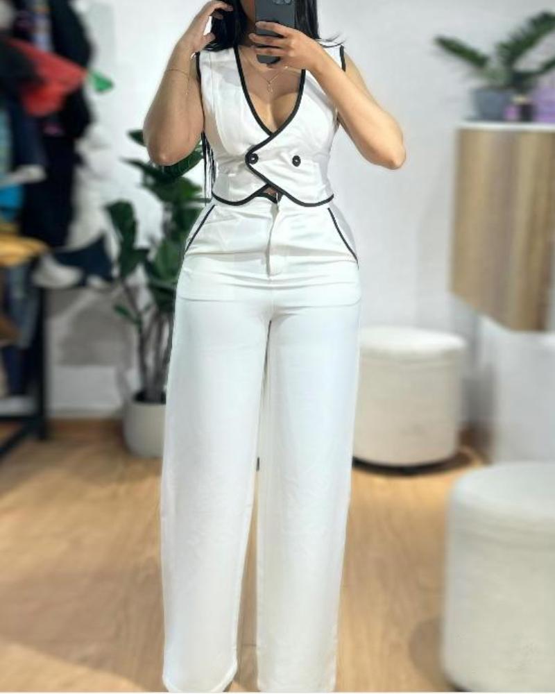 

Conjunto de 2 piezas de camiseta sin mangas con escote en V y contraste de colores y pantalones casuales de pierna ancha, White