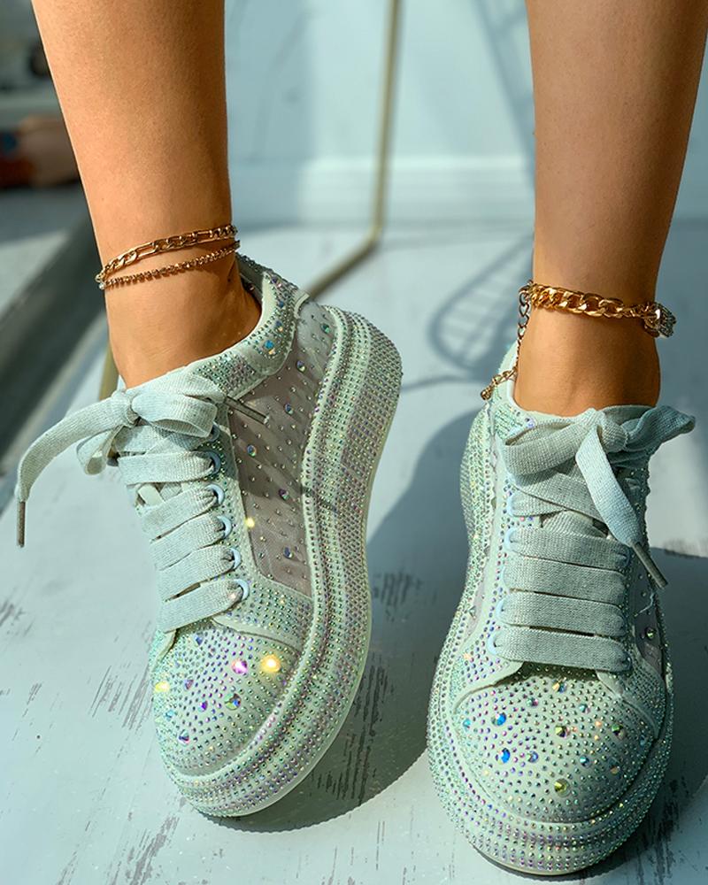 

Rhinestone Decor Eyelet Lace-up Sneaker, White