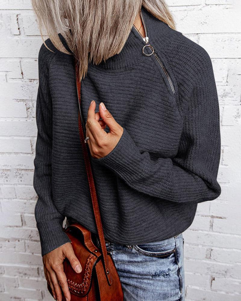 

Zipper Design Long Sleeve High Neck Knit Sweater, Gray