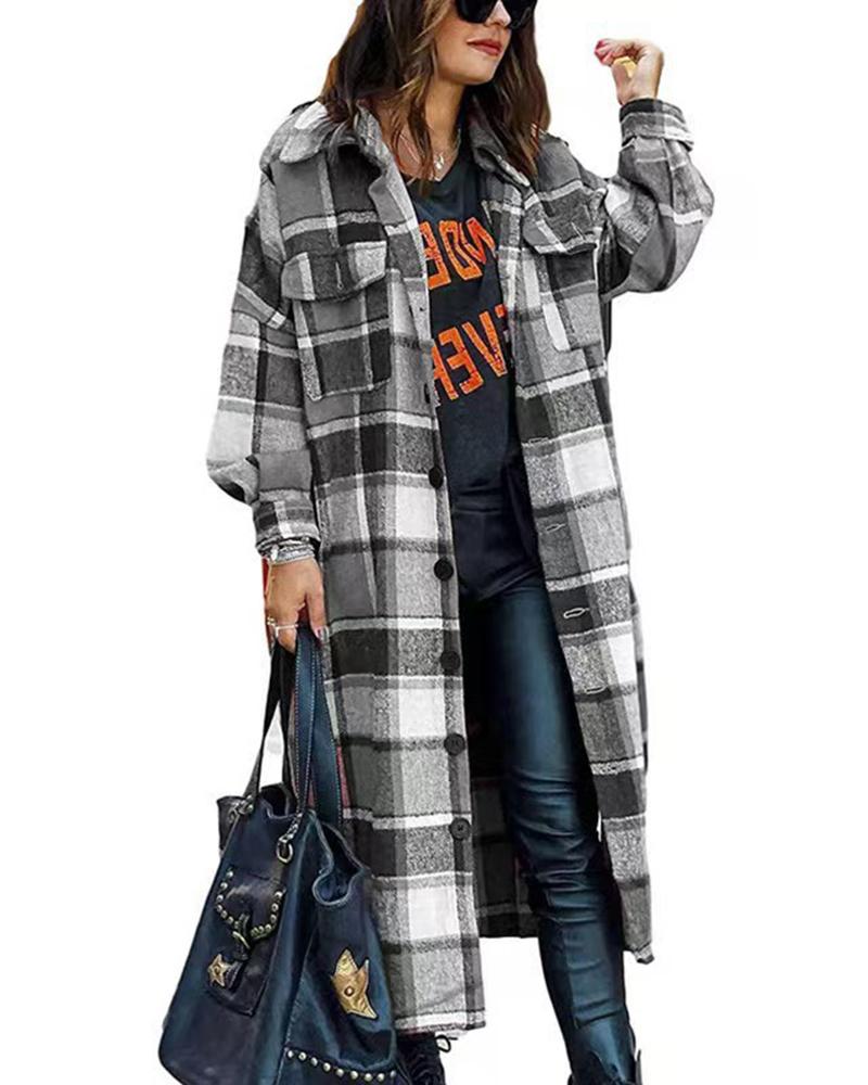 

Plaid Print Lantern Sleeve Longline Shacket, Gray