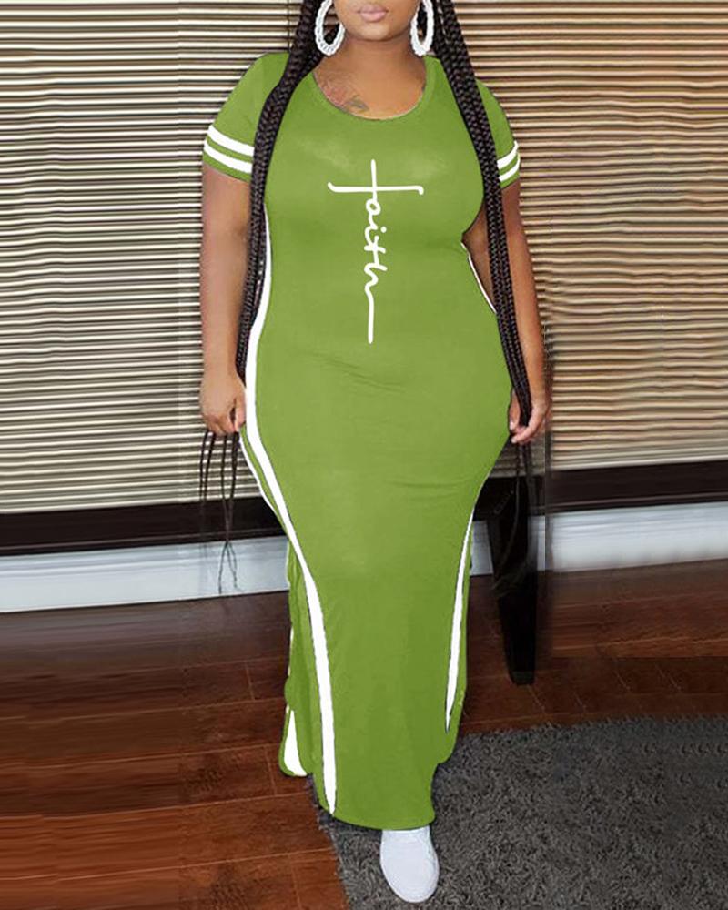 

Plus Size Striped Letter Print Slit Maxi Dress, Dark green