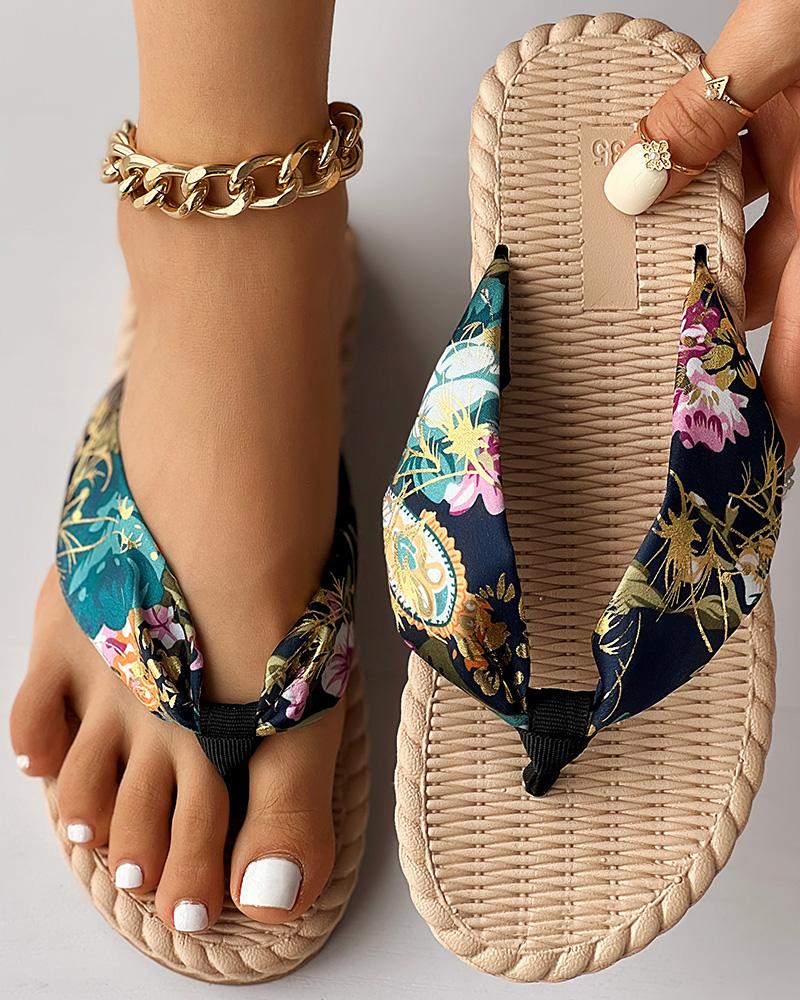 

Floral Print Toe Post Beach Flip Flops, Blue