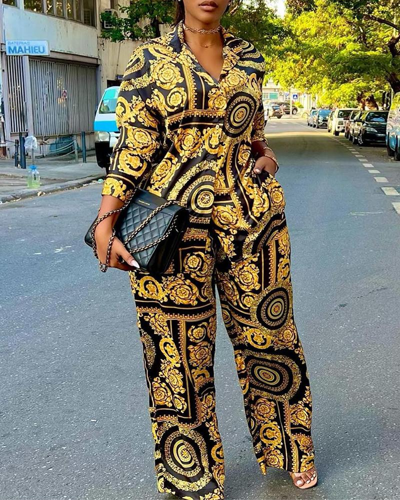 

Baroque Leopard Print Shirt & Pants Set, Yellow