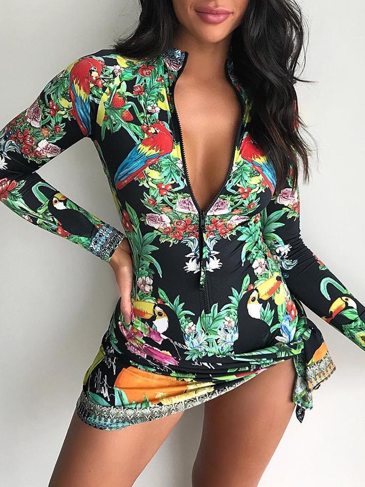 

Front Zipper Tropical Print Knotted Irregular Dress, Multicolor