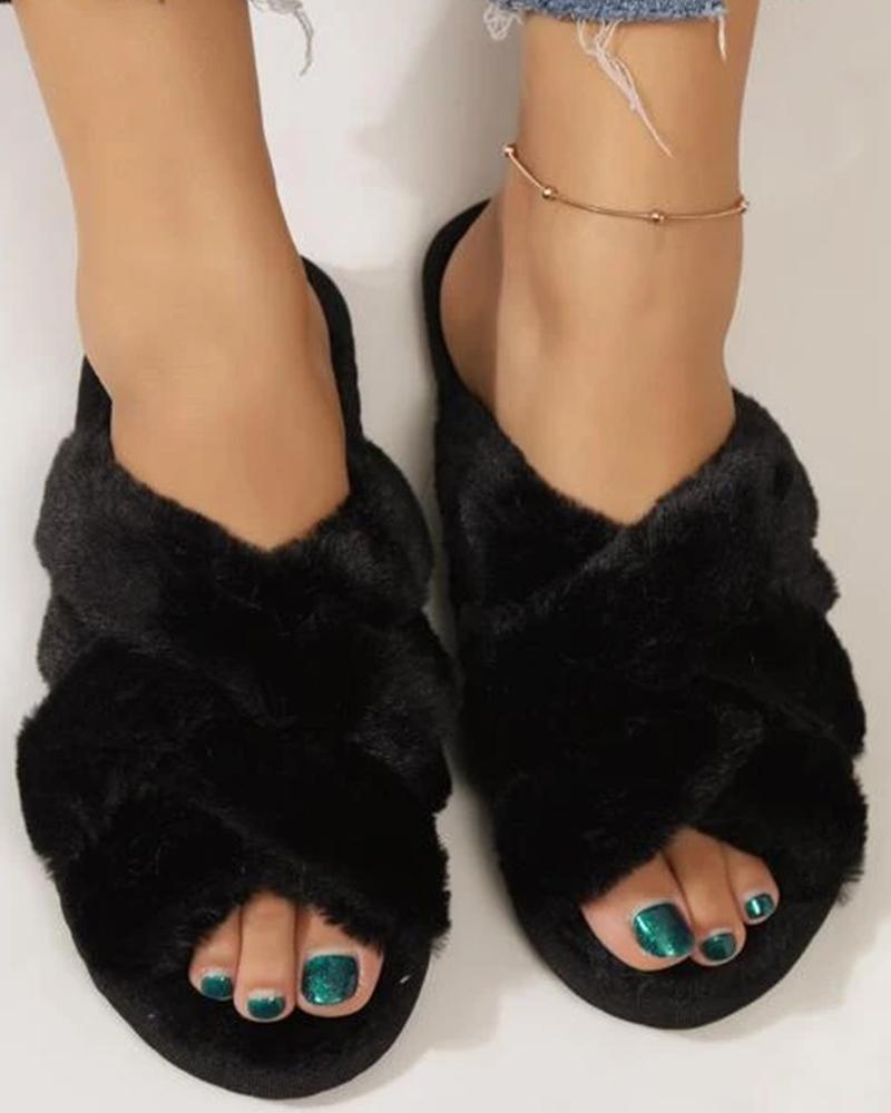 

Fuzzy Crisscross Soft Slippers, Black