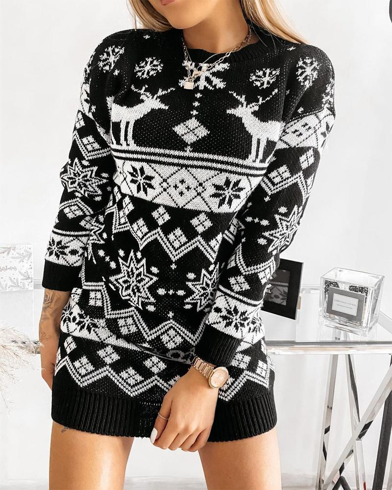 

Christmas Snowflake Elk Pattern Sweater Dress, Black