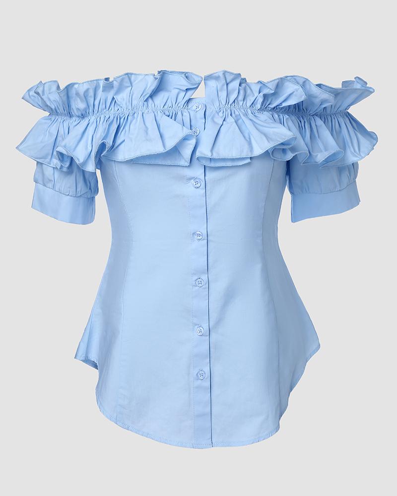 

Off Shoulder Layered Ruffles Button-down Asymmetrical Hem Top, Sky blue