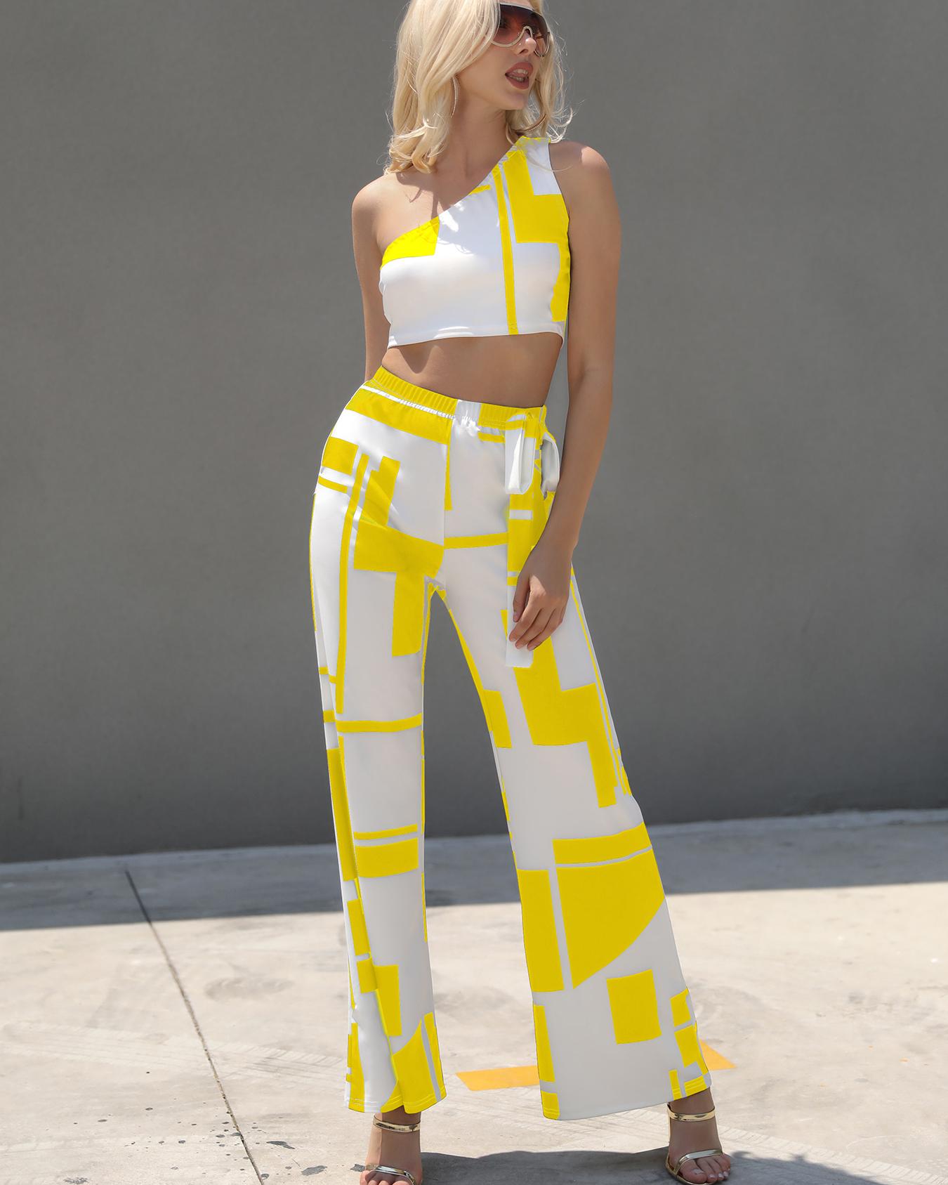 

Colorblock One Shoulder Crop Top & Wide Leg Pants Set, Yellow