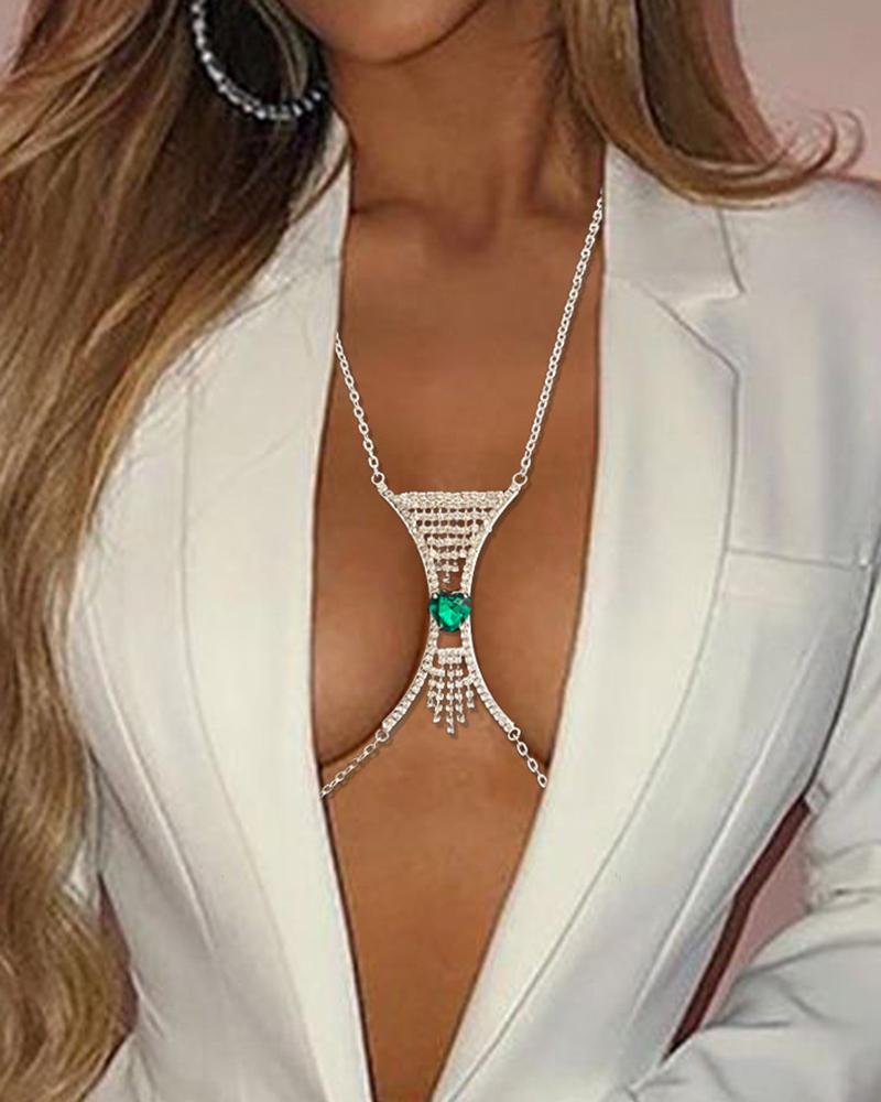 

Heart Shaped Rhinestone Tassel Decor Body Chain, Silver
