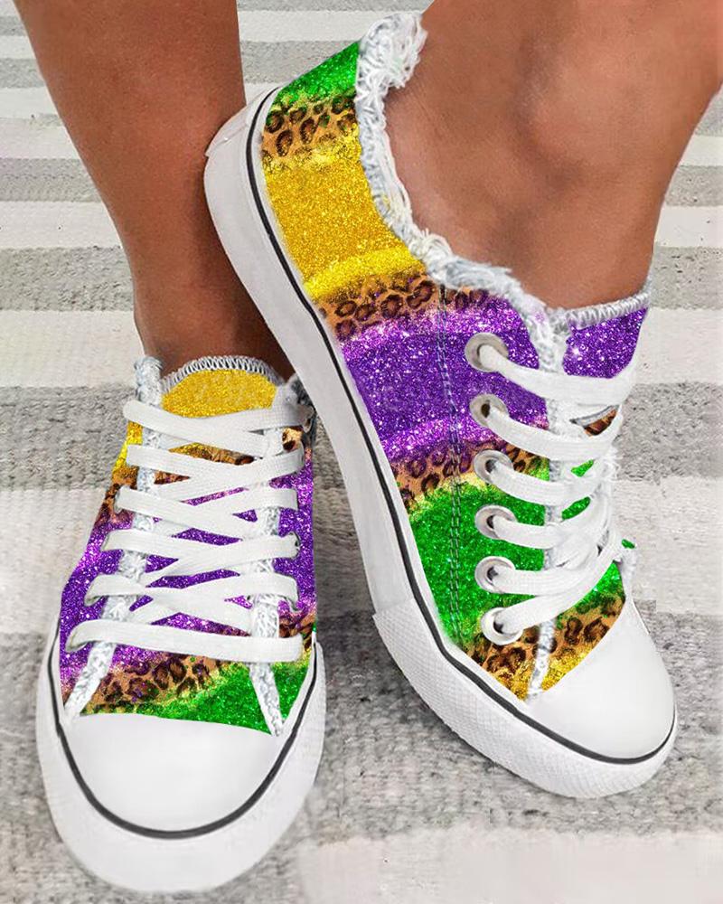 

Cheetah Print Ombre Fringe Hem Eyelet Lace-up Sneakers, Multicolor