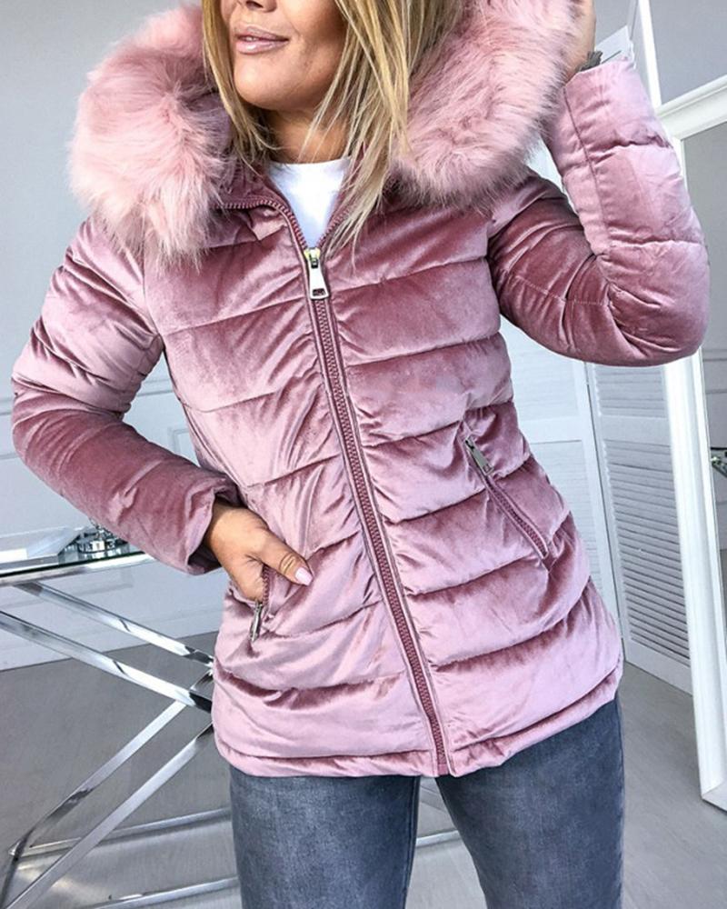 

Zipper Pocket Design Quilted Fuzzy Trim Lined Coat, Pink