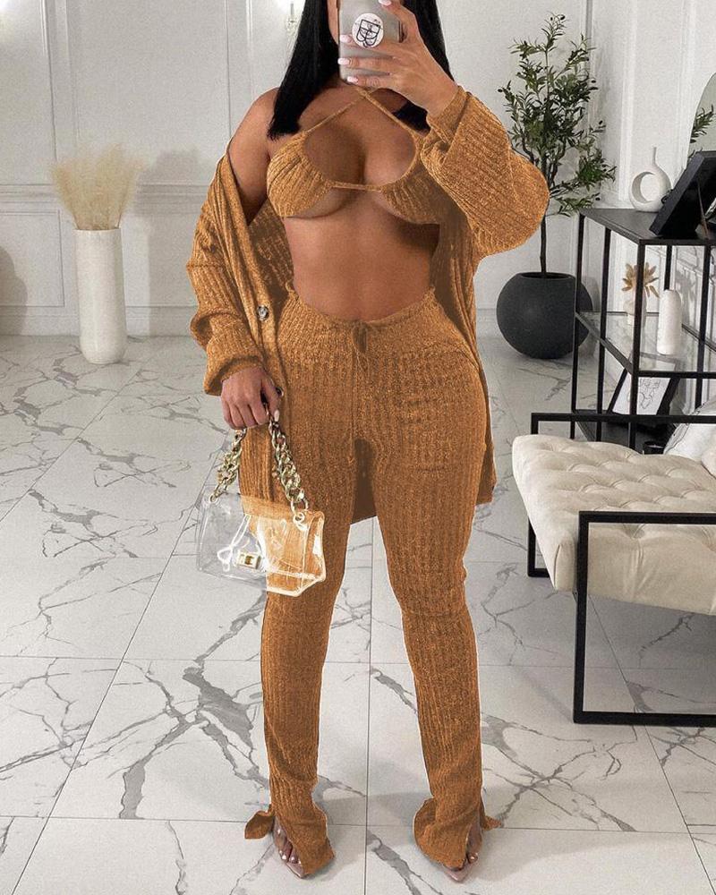 

Lantern Sleeve Buttoned Coat & Slit Pants Set With Bralette, Brown