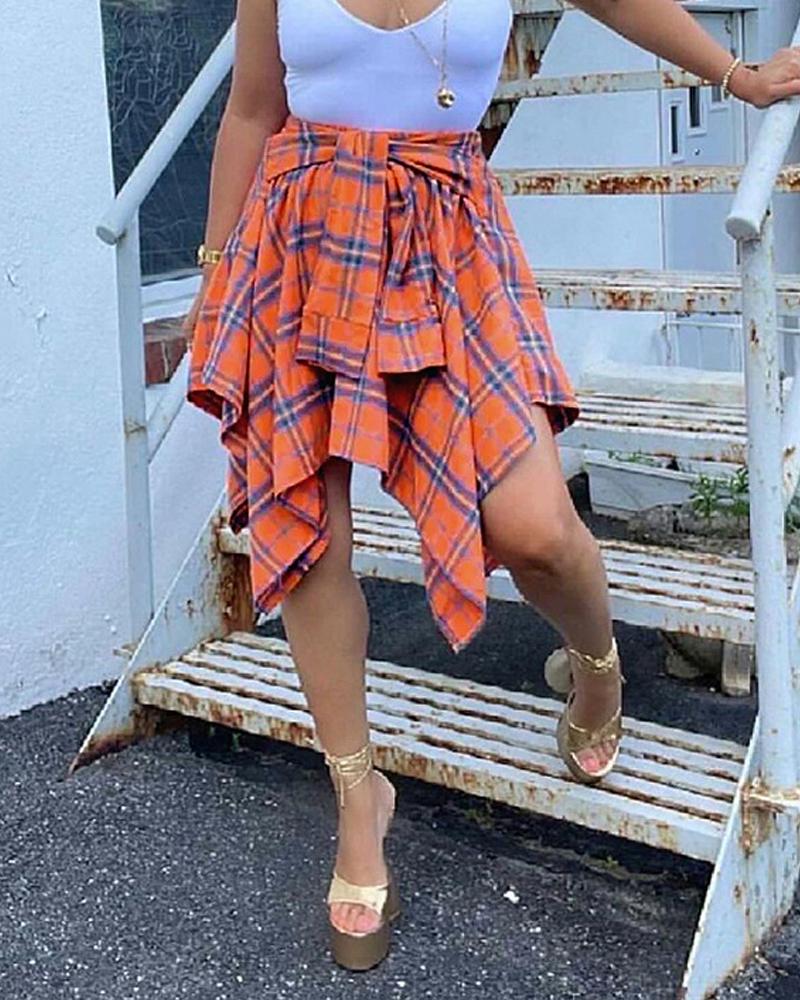 

Plaid Print Tied Detail Asymmetrical Skirt, Orange
