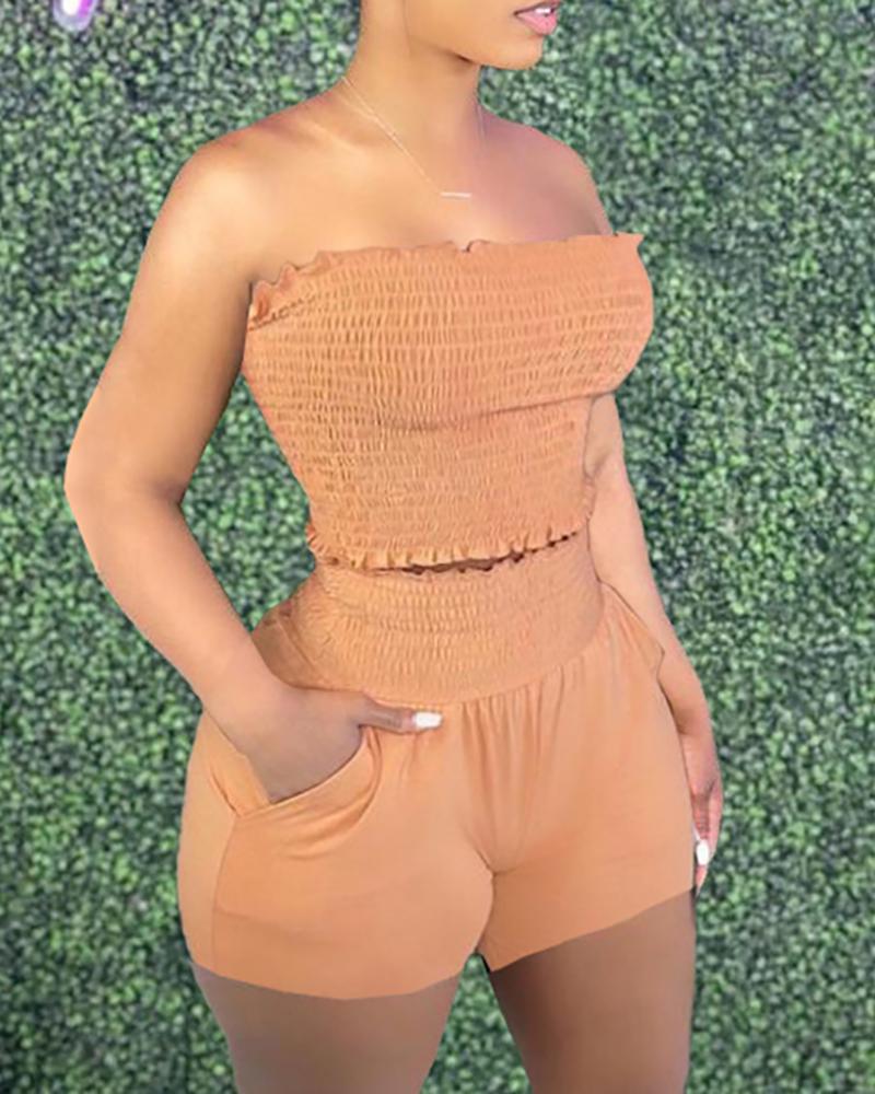 

Bandeau Shirred Top & Pocket Design Shorts Set, Orange