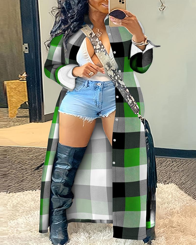 

Plus Size Plaid Print Buttoned Longline Coat, Green