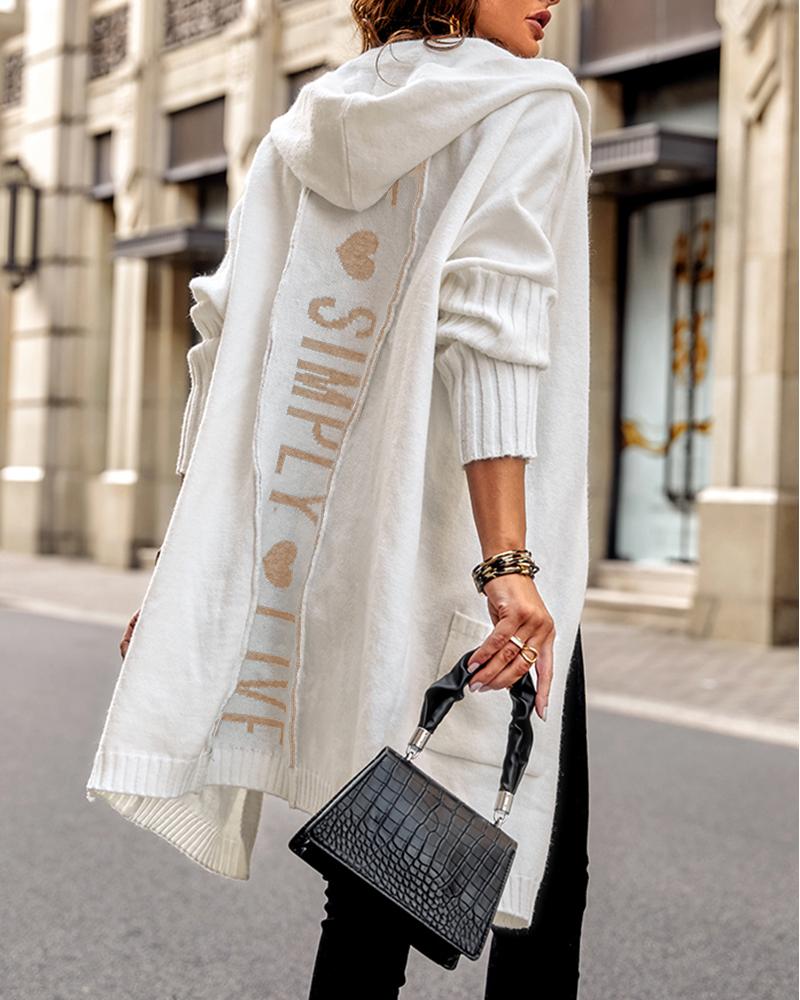 

Letter Heart Print Hooded Longline Knit Cardigan, White
