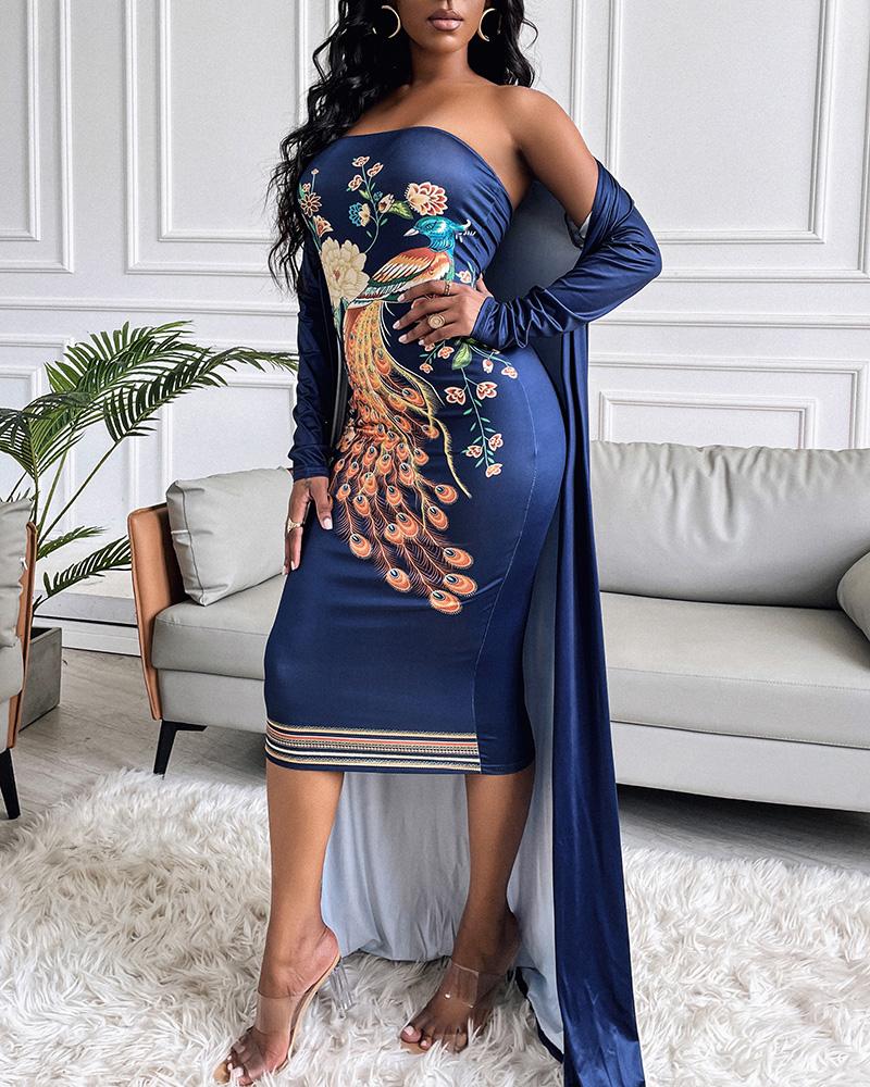 

Peacock Floral Print Tube Bodycon Dress With Longline Coat, Purplish blue