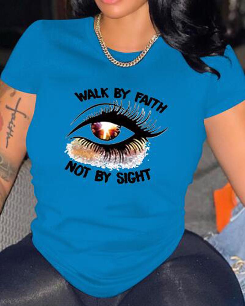 

Plus Size Letter Eye Print Casual T-shirt, Blue