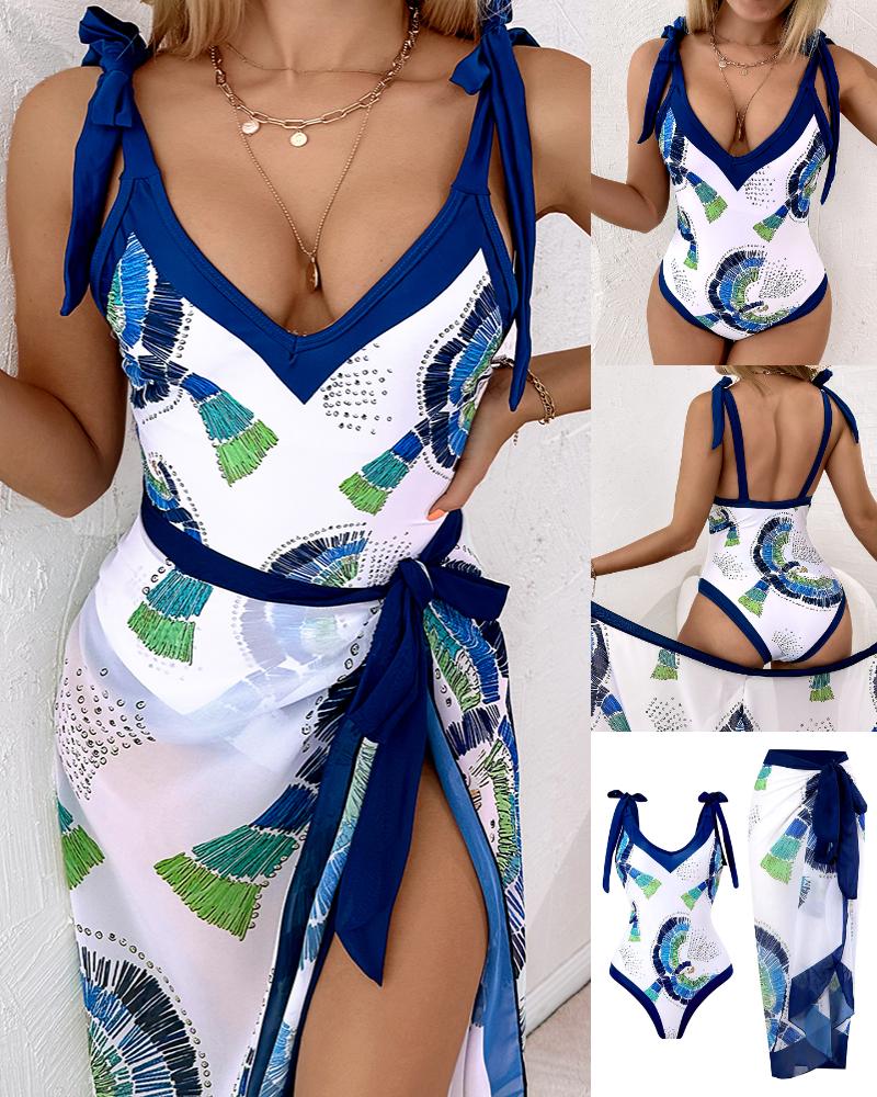 

Geometric Print One-Piece Swimsuit With Cover Up, Blue