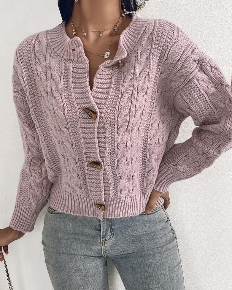 

Horn Toggle Button Braided Knit Sweater, Pink