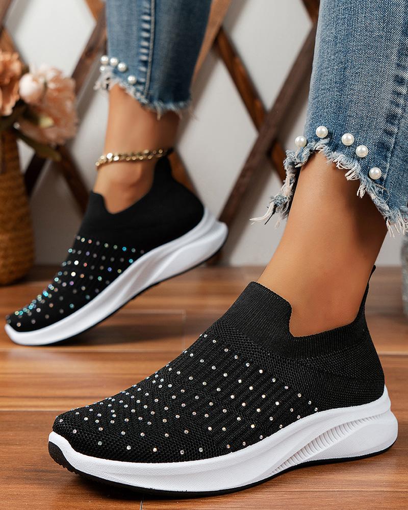 

Rhinestone Decor Platform Knit Running Sneakers, Black