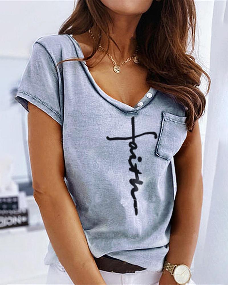 

Letter Pattern Print Pocket Design Buttoned Casual T-shirt, Gray