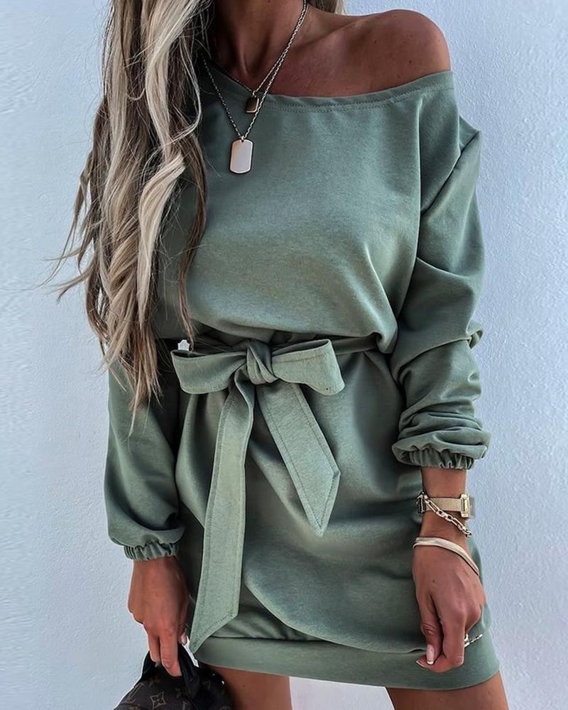 

Long Sleeve Belted Casual Dress, Green