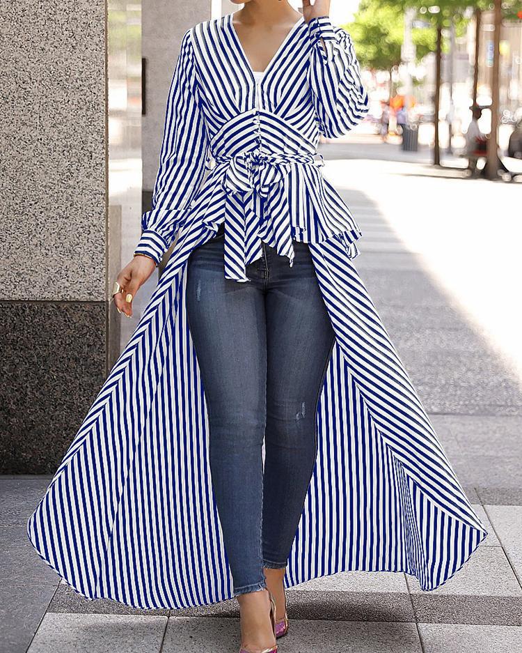 V-Neck Striped Tie Waist Dip Hem Irregular Blouse