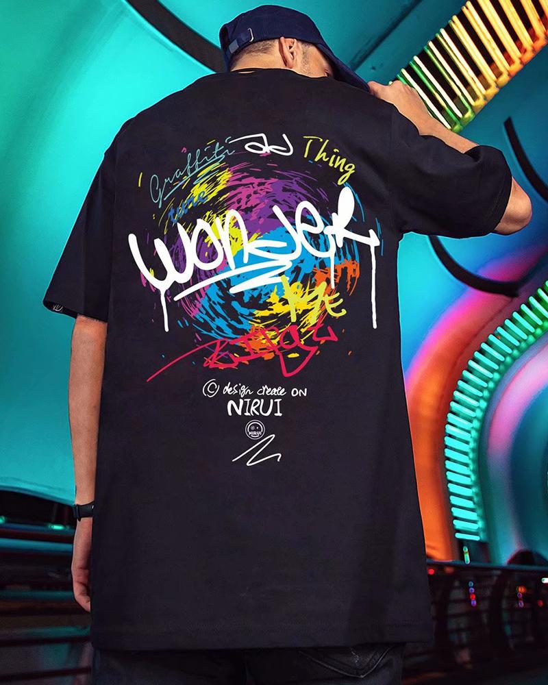 

Mlticolor Graphic Print Short Sleeve Loose T-shirts, Black