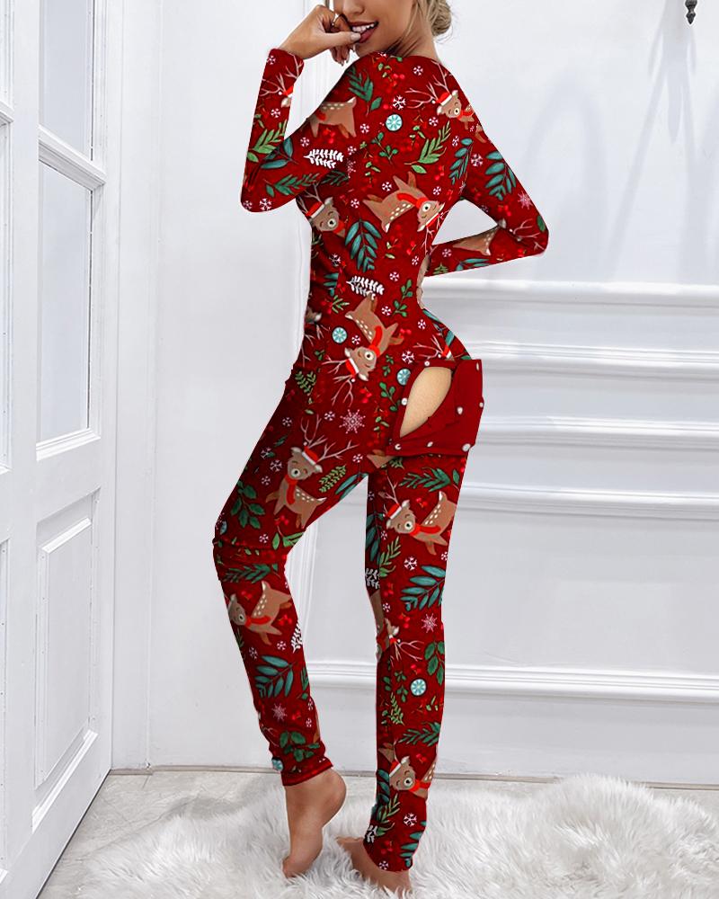

Christmas Cartoon Elk Print Functional Buttoned Flap Adult Onesie, Wine red