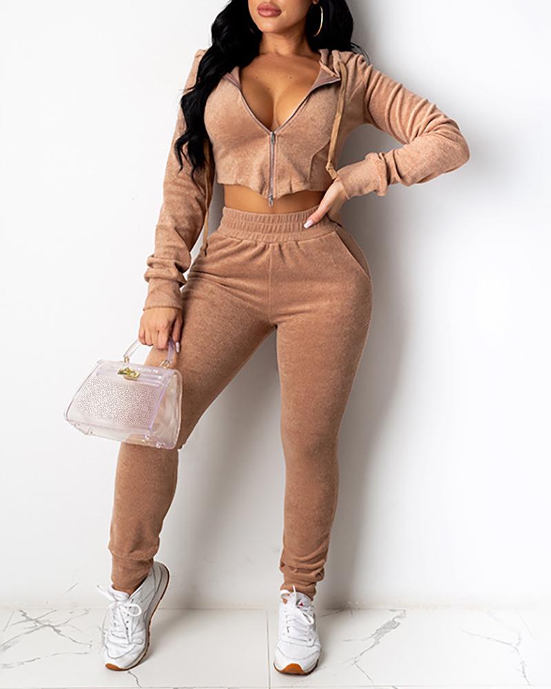

Sporty Zipper Hooded Crop Top & Pants Set, Coffee