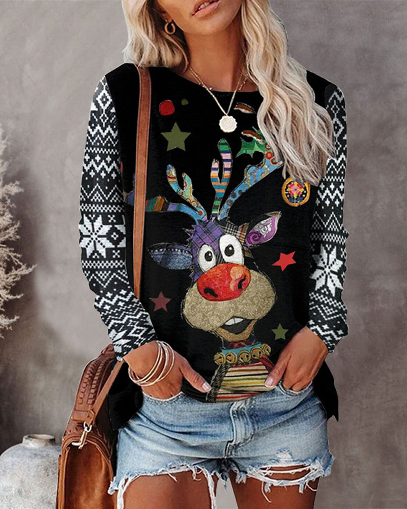 

Christmas Tree Snowflake Elk Print Long Sleeve Top, Black