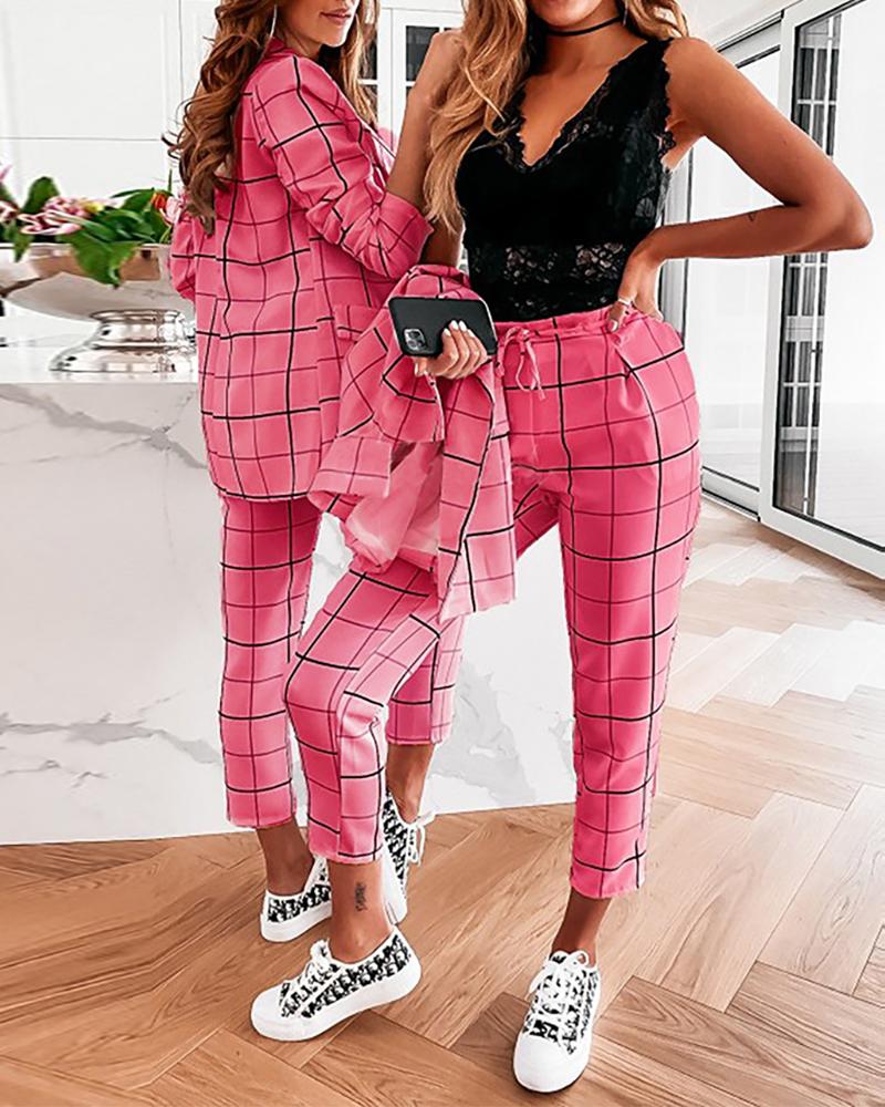 

Plaid Print Button Design Blazer Coat & Pants Set, Pink