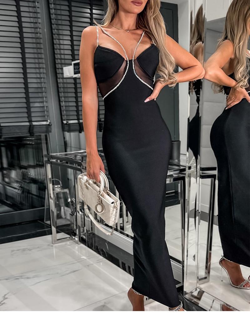 

Contrast Mesh Backless Party Dress, Black