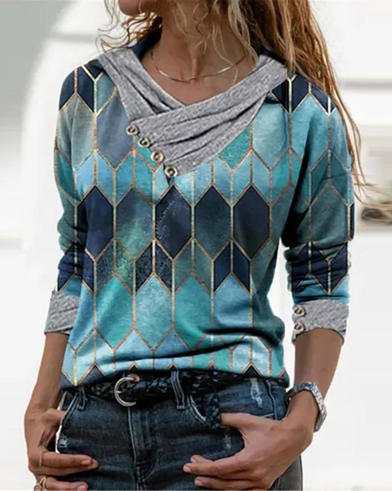 

Geometric Print Button Design Long Sleeve Top, Blue