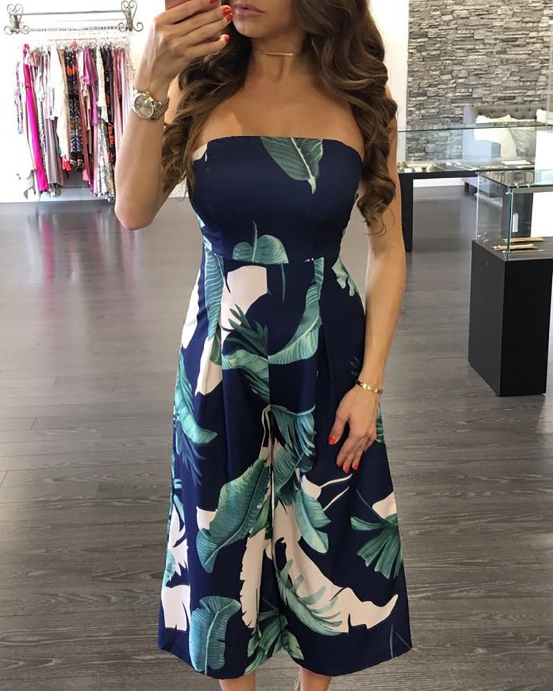 

Sleeveless Print Wide Leg Jumpsuit, Dark blue