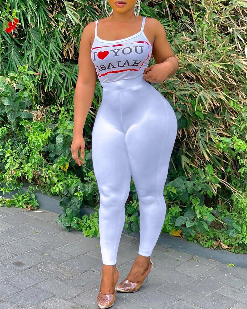 

Heart Letter Print Sleeveless Top & High Waist Pants Set, White
