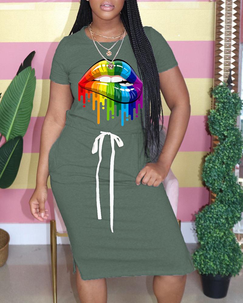 

Lip Print Pocket Design Drawstring Casual Dress, Army green
