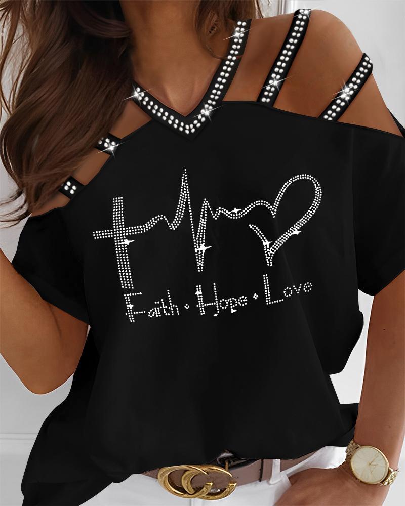 

Rhinestone Faith Hope Love Heart Pattern Cold Shoulder T-shirt, Black