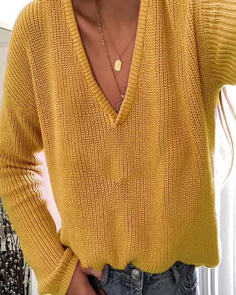 

Solid Plunge Long Sleeve Knit Sweater, Yellow