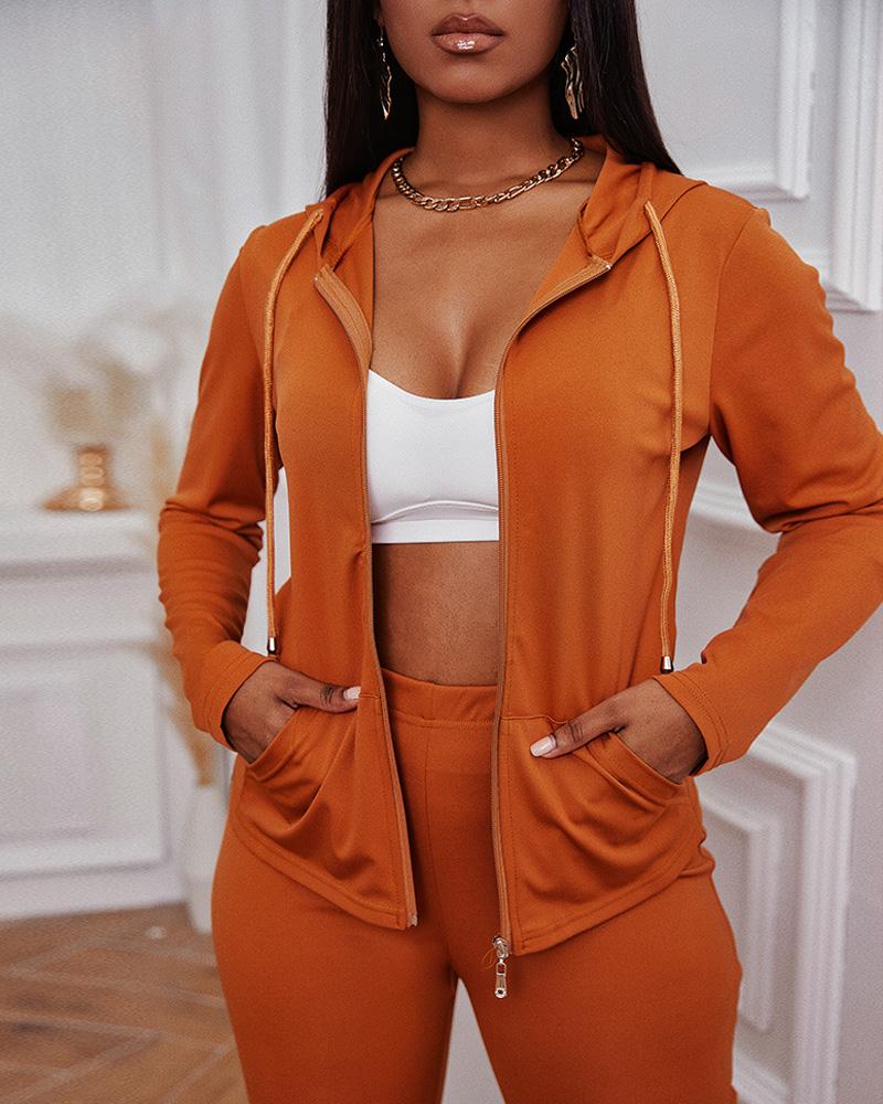 

Zipper Design Hooded Coat & High Waist Pants Set, Brown