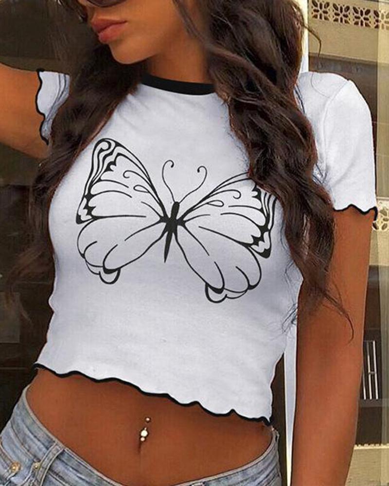 

Butterfly Scallop Hem Crop T-Shirt, White