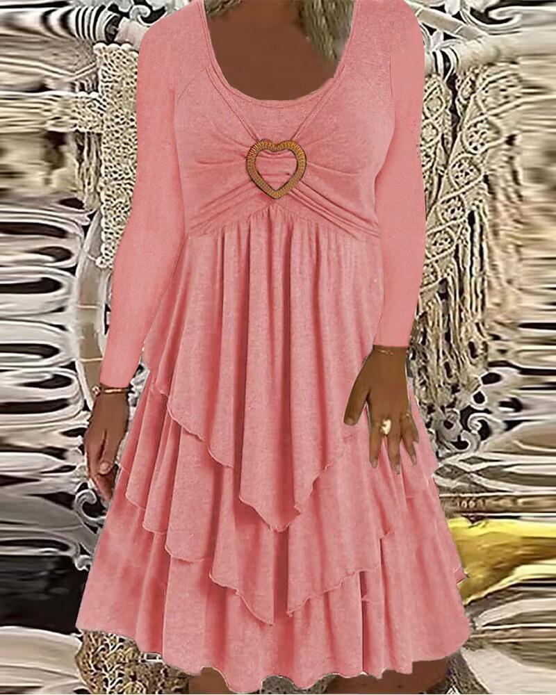 

Heart Pattern Long Sleeve Layered Ruffles Dress, Pink