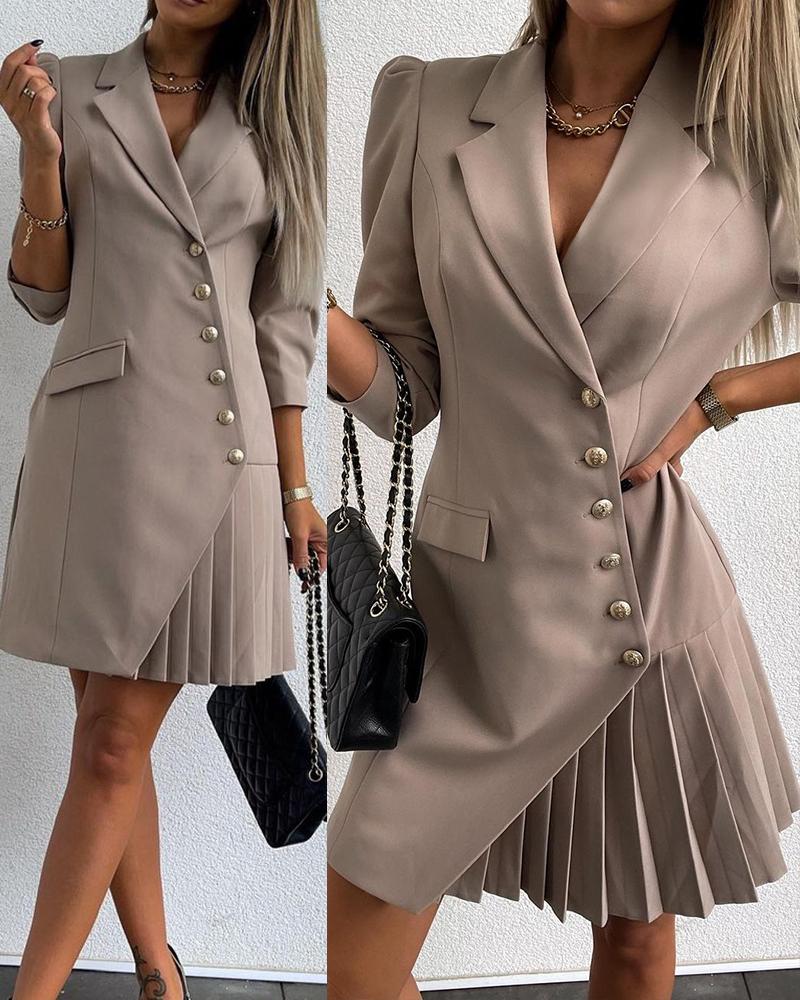 

Asymmetrical Button Pocket Design Pleated Blazer Dress, Khaki