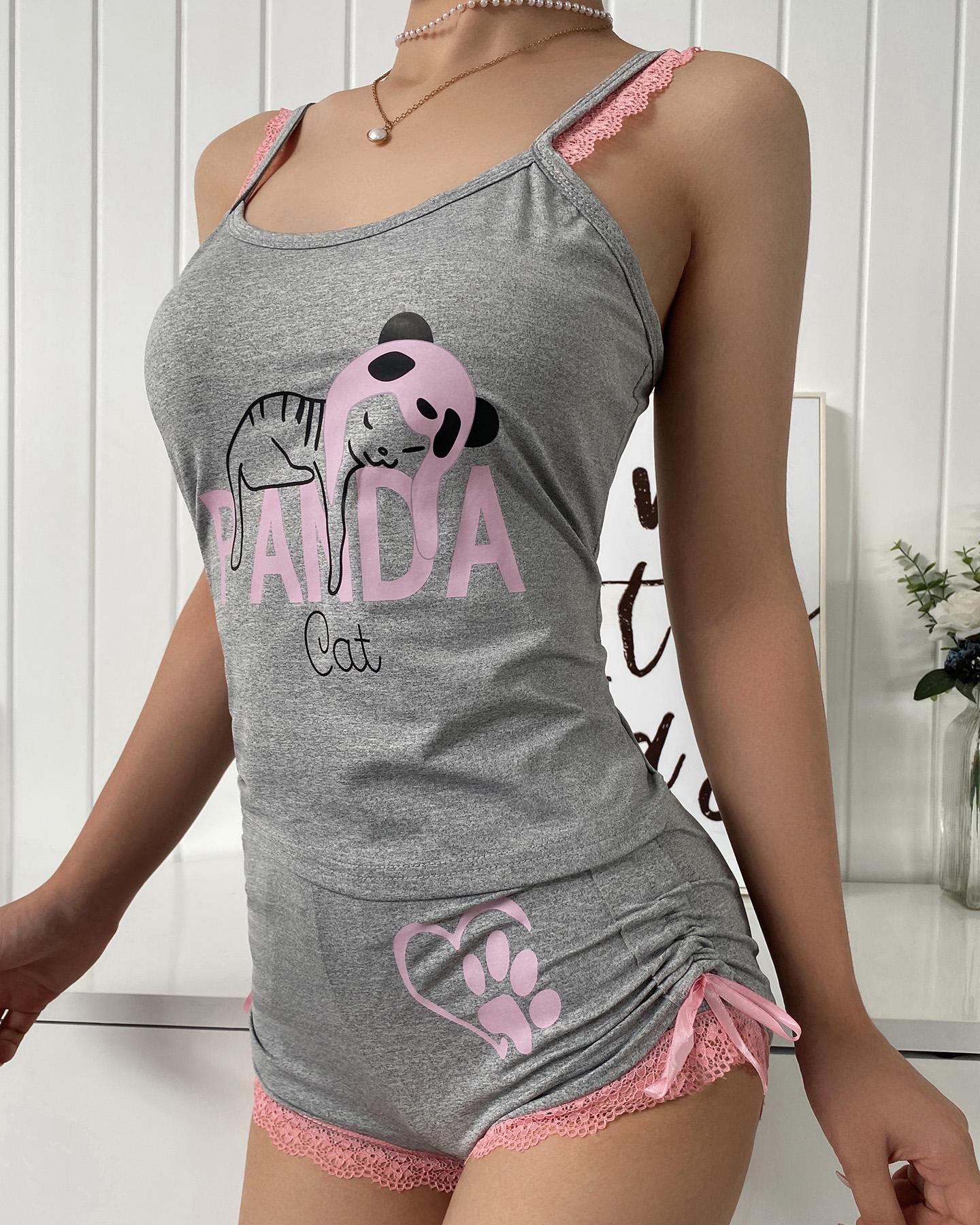 

Animal Print Bowknot Decor Contrast Lace Cami Sets, Gray